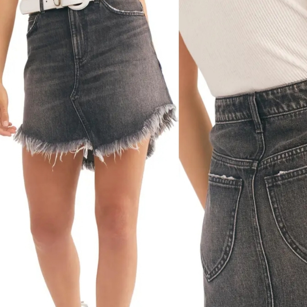 New Free People Bailey Denim Fringed Skirt Curved Hem Faded Black Grey